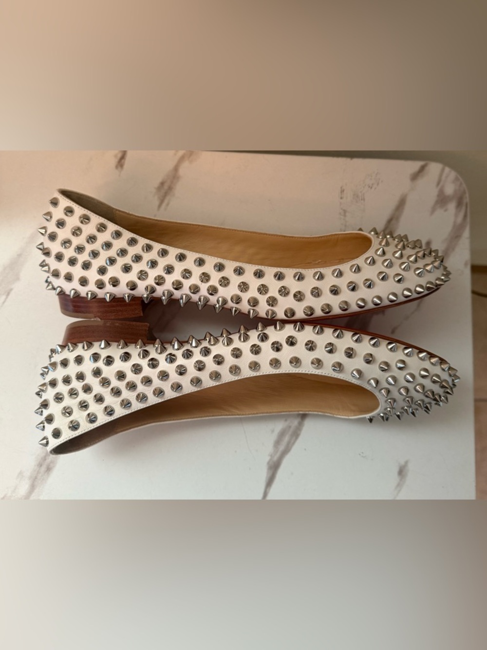 Christian Louboutin White Spike-Studded Ballet Flats, EUC, Size 39 - Picture 3 of 13